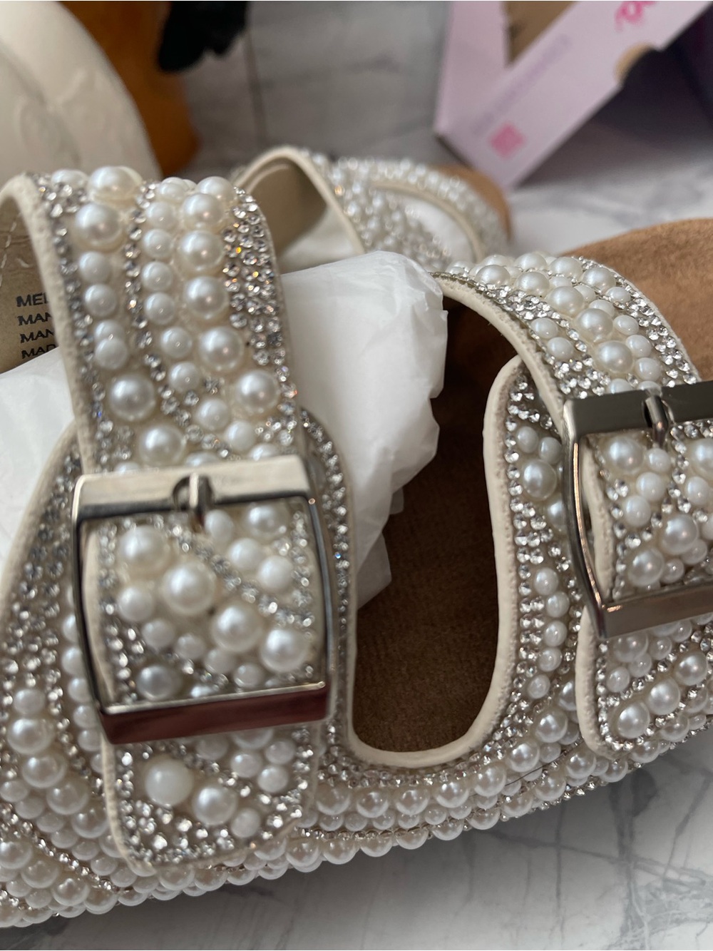 Jellypop White Pearl And Rhinestone Embellished Double Buckle Sandals NIB - Picture 6 of 9